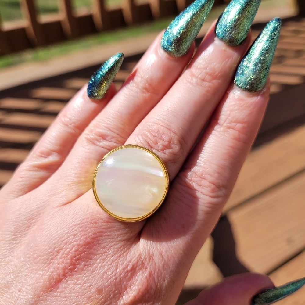 Mother Of Pearl Titanium Gold Plated Chunky Ring - Picture 11 of 16